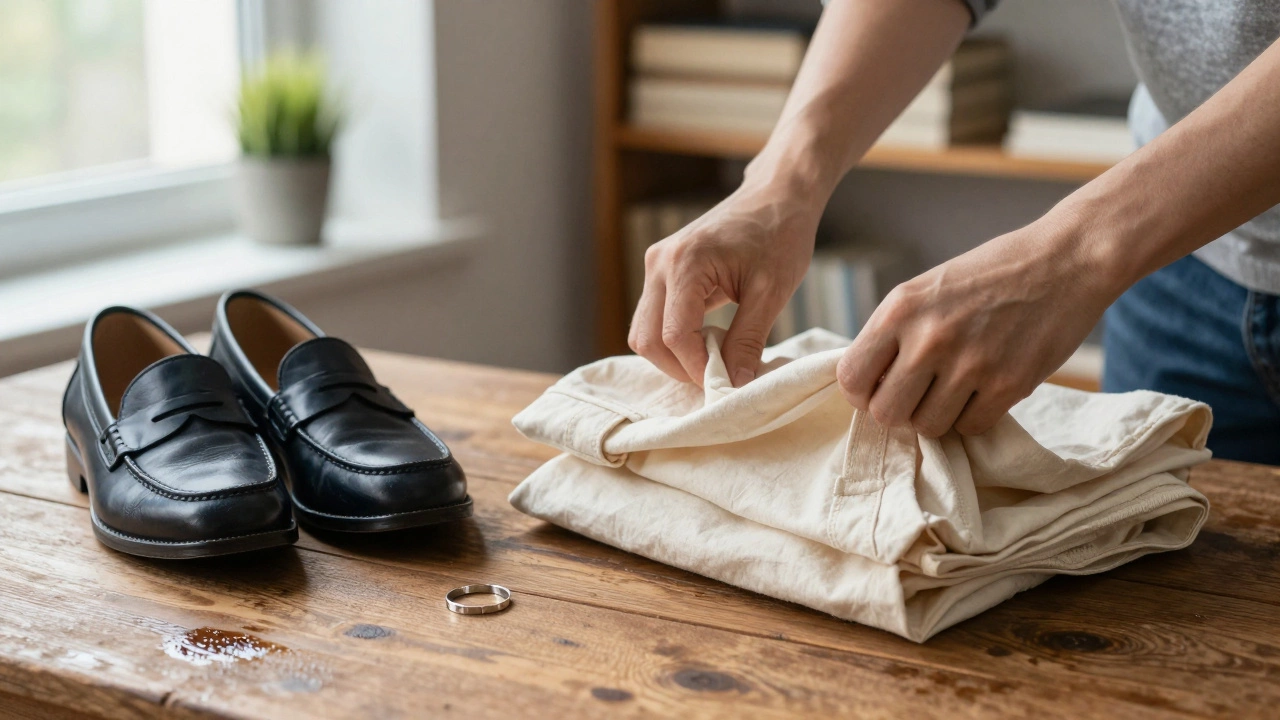 Руки складывают тканевую сумку-тоут рядом с кожаными лоферами и тонким стальным кольцом на деревянной поверхности.