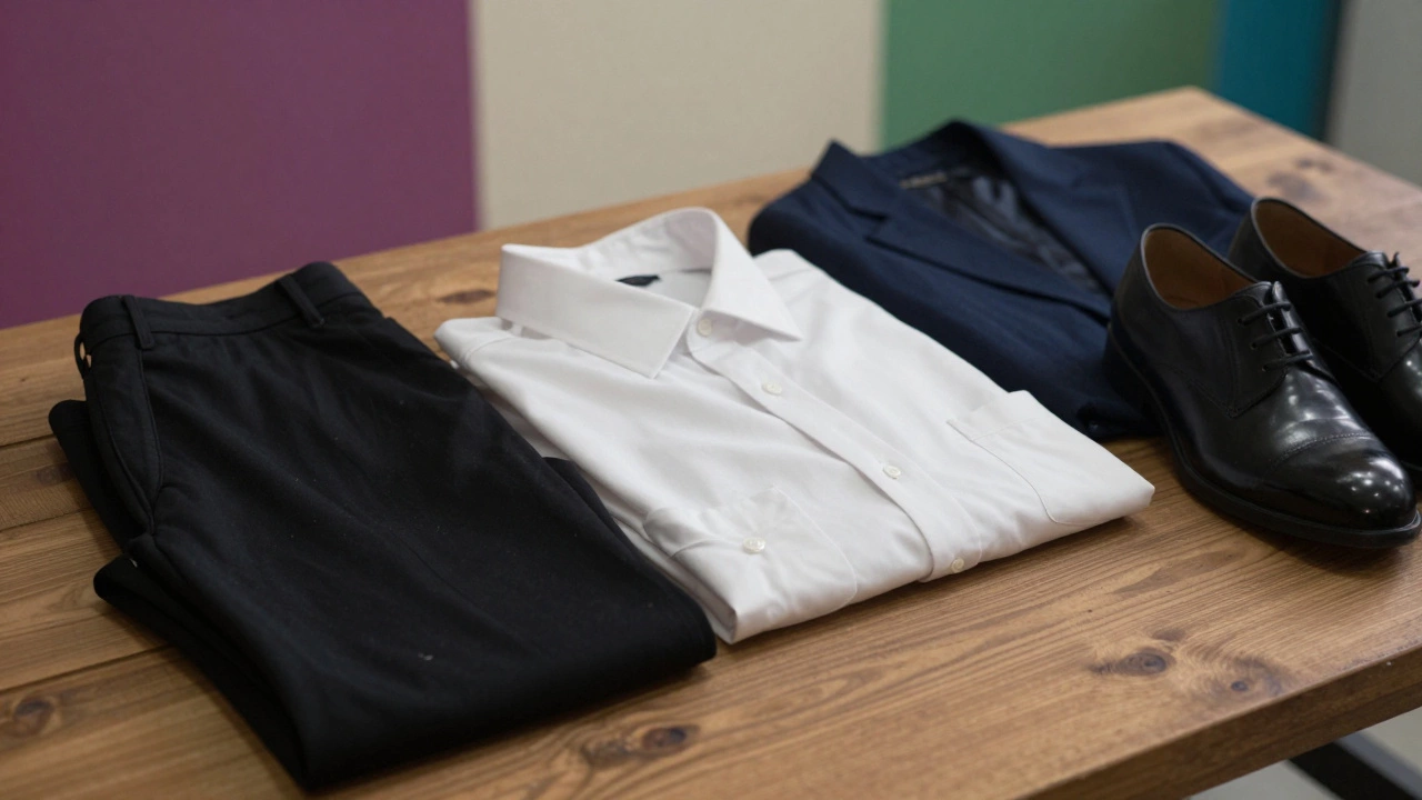 Три базовые вещи — чёрные брюки, белая рубашка и тёмно-синий пиджак — сложены на дереве.