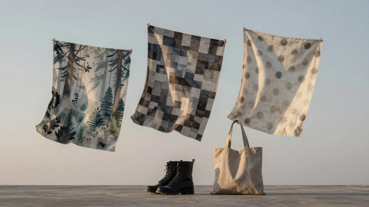Три тканевых образца: современный принт, устаревший горошек и нейтральная обувь на фоне весеннего неба.