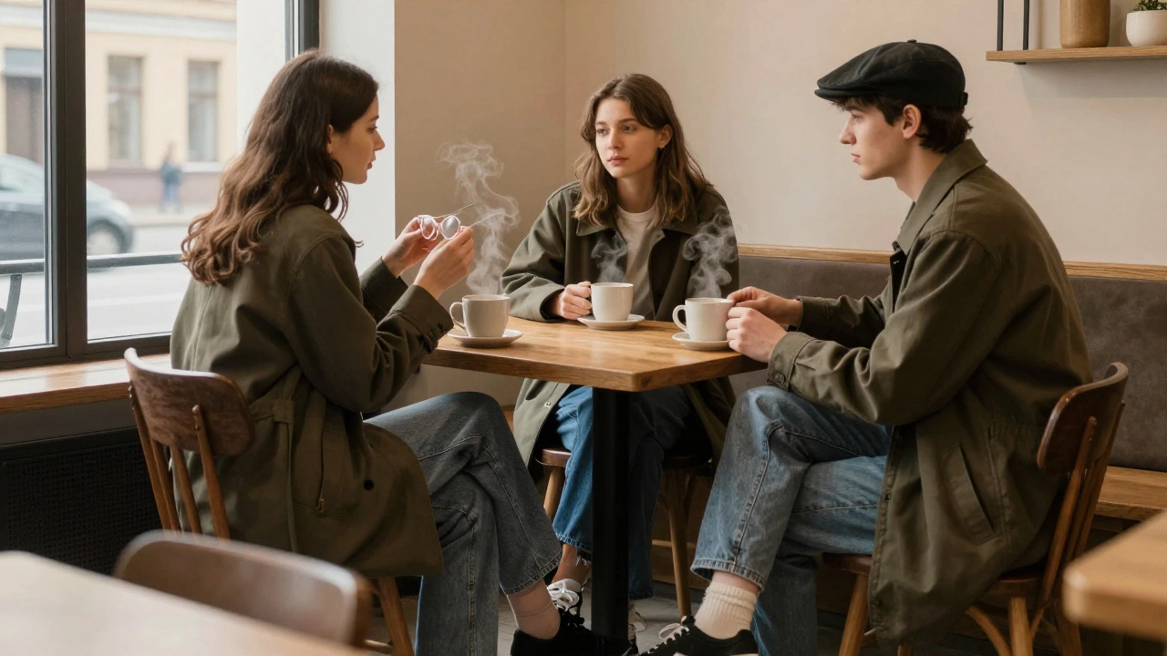 Трое молодых людей в минималистичной одежде сидят в кафе Петербурга, без аксессуаров, в спокойной атмосфере.