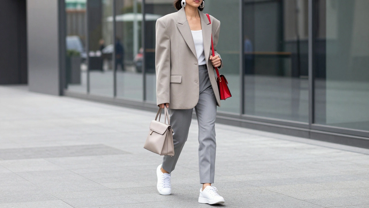 Уличный стиль с пиджаком, широкой сумкой и белыми кроссовками