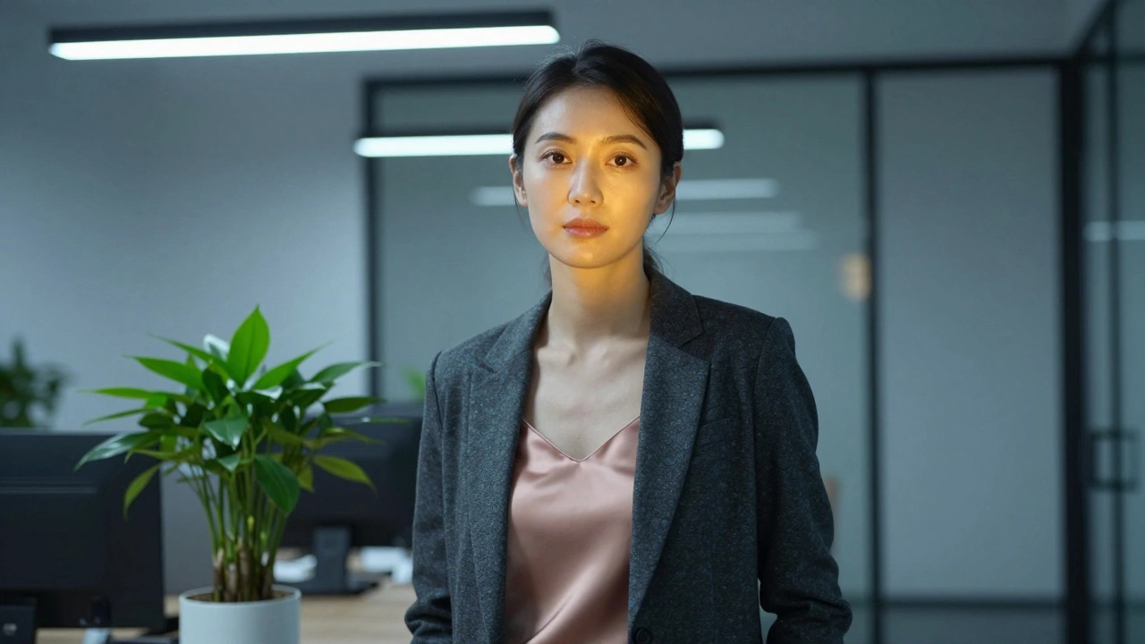 Женщина в офисе в сером пиджаке с синим подтоном и персиковом топе, кожа подсвечена, холодный свет вокруг.