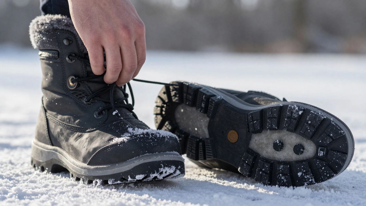 Зимняя подошва легко гнется в руке, рядом — толстая утепленная подошва, которая не гнется, на фоне морозного асфальта.