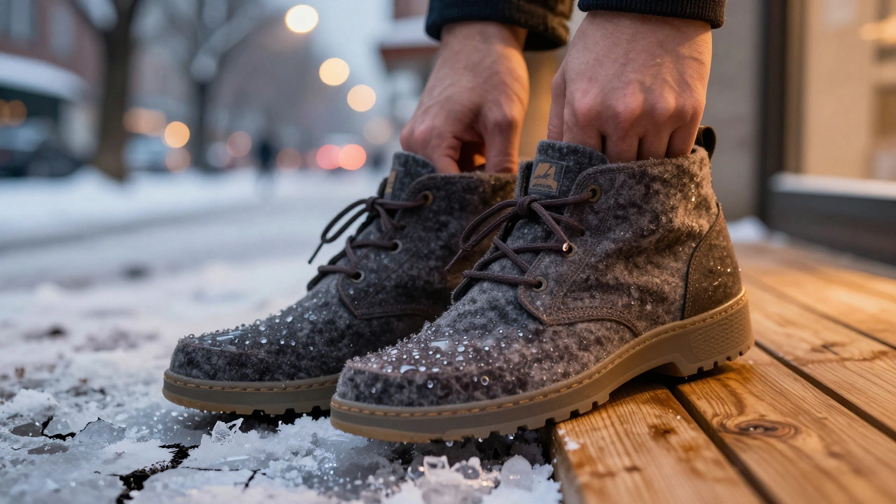 Зимние кроссовки с обработанной шерстью, капли воды скатываются с верха, не промачивая материал, на фоне ледяной тротуарной плиты.