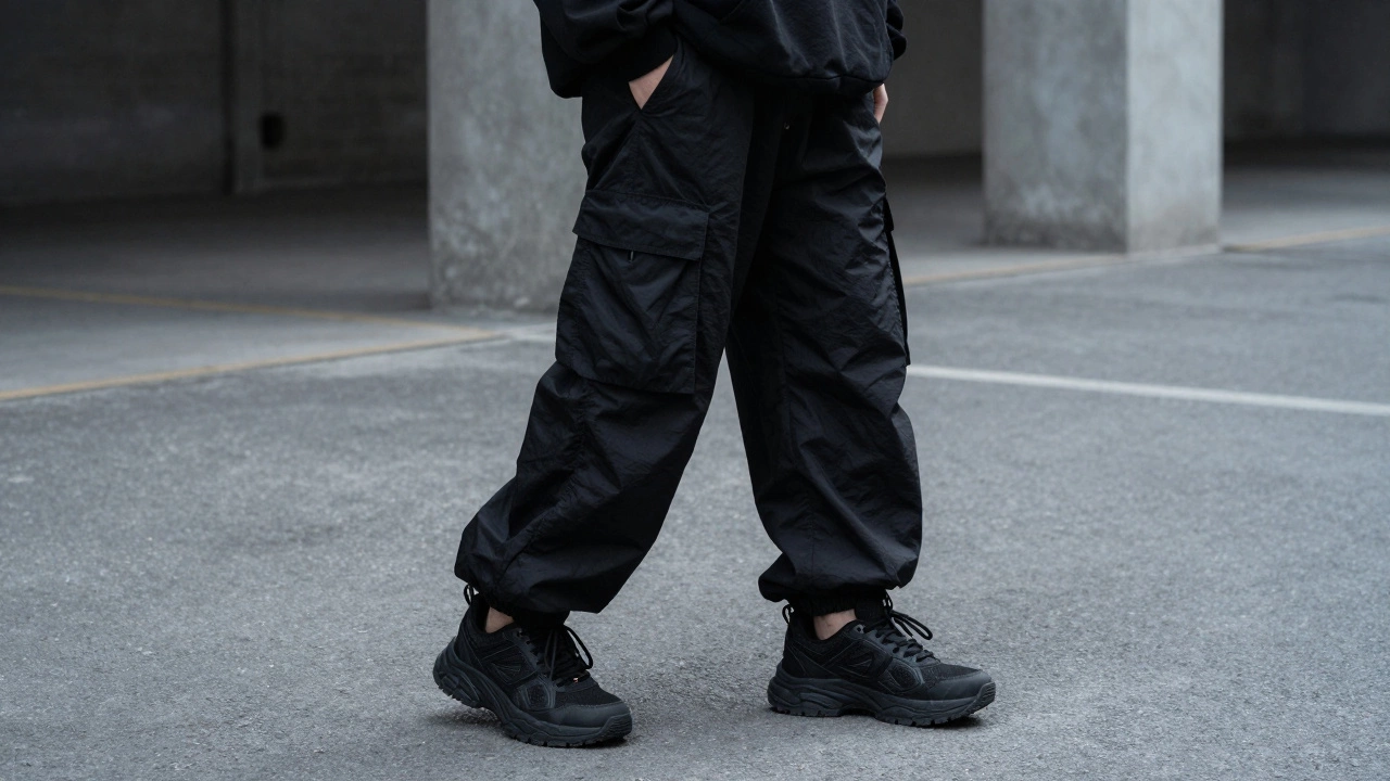 Человек в широких черных нейлоновых карго и массивных кроссовках в индустриальном стиле