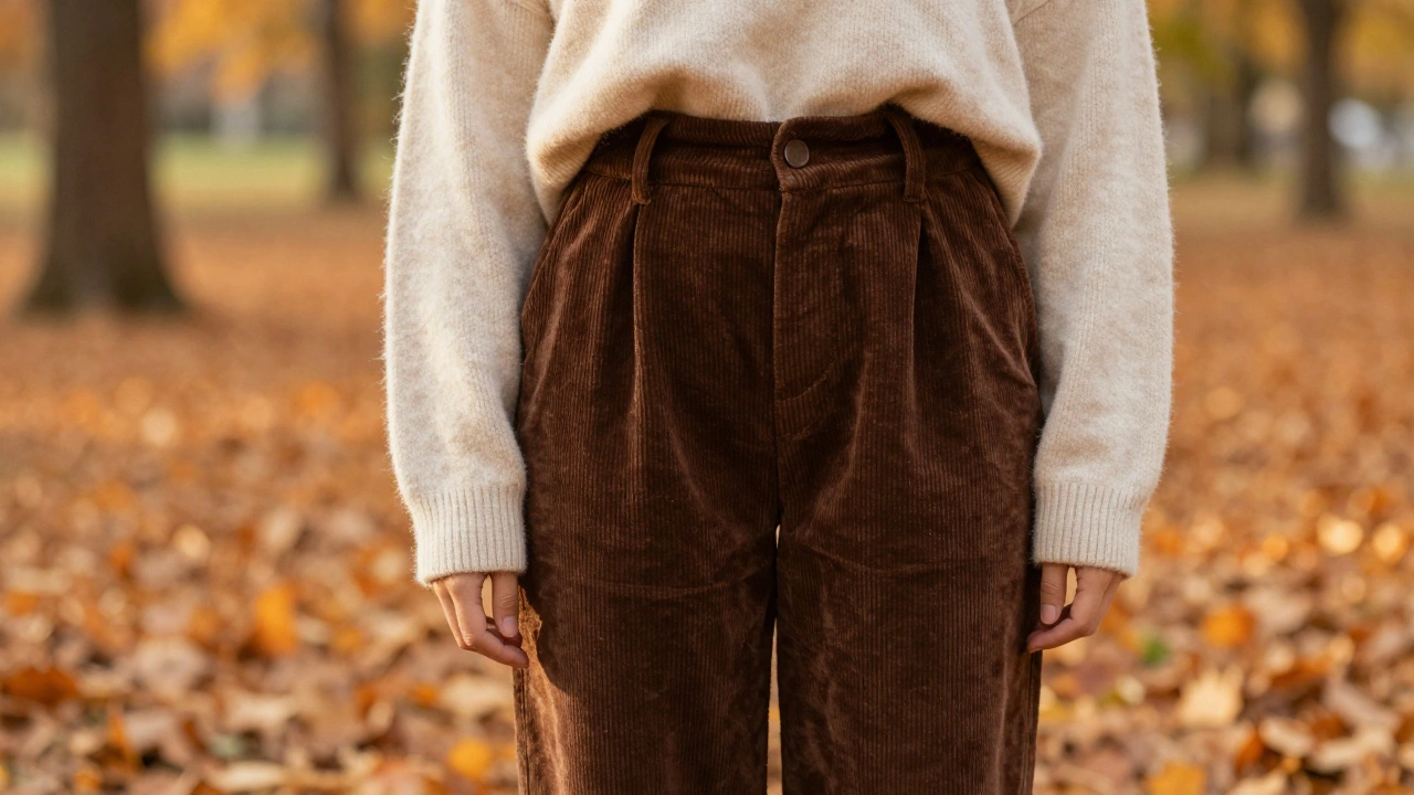 Коричневые вельветовые брюки и объемный кашемировый свитер на фоне осеннего парка