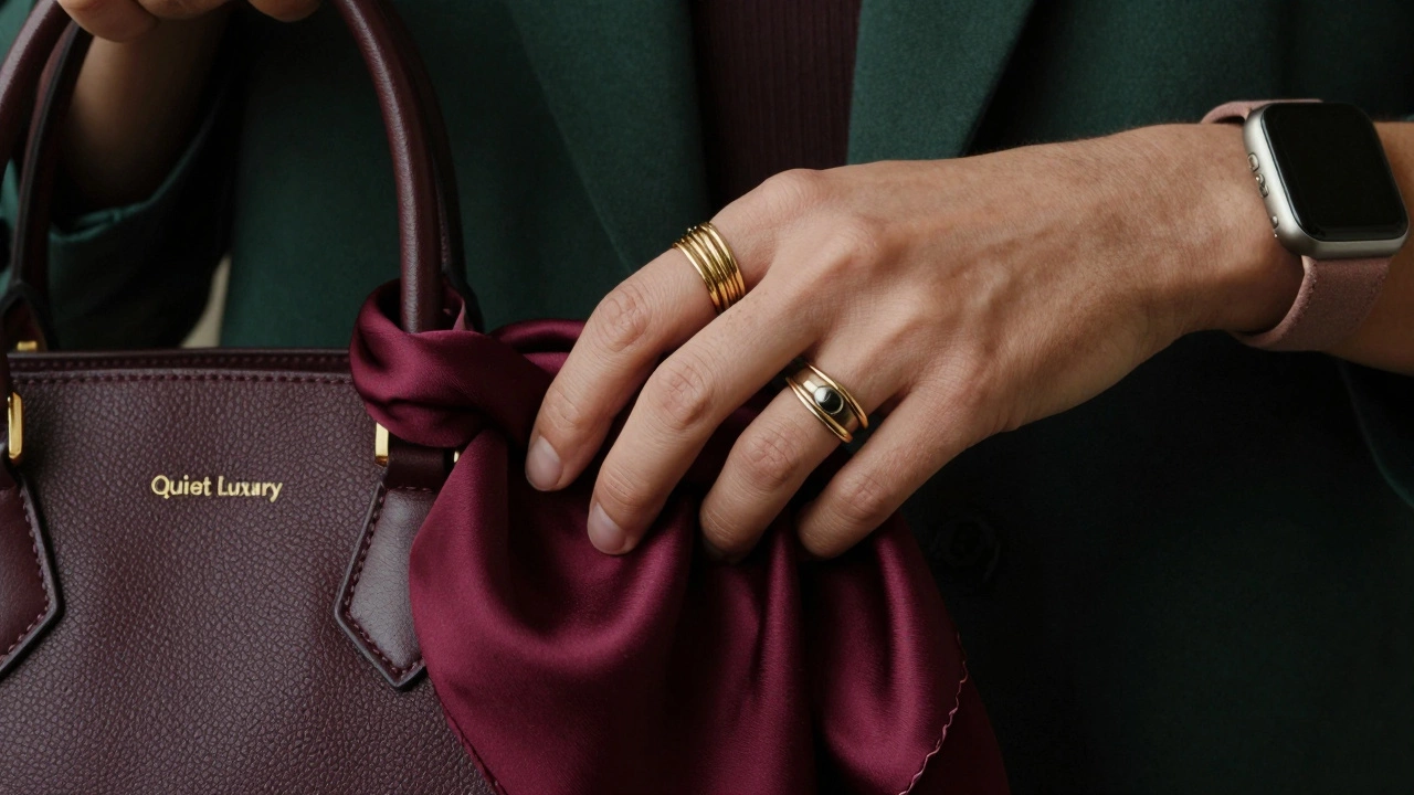 Крупный план руки с кольцами, шелковым платком винного цвета и кожаной сумкой