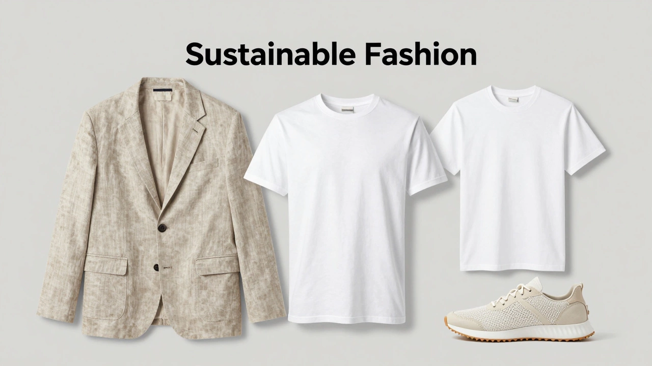 Минималистичный капсульный гардероб из экологичных материалов на сером фоне