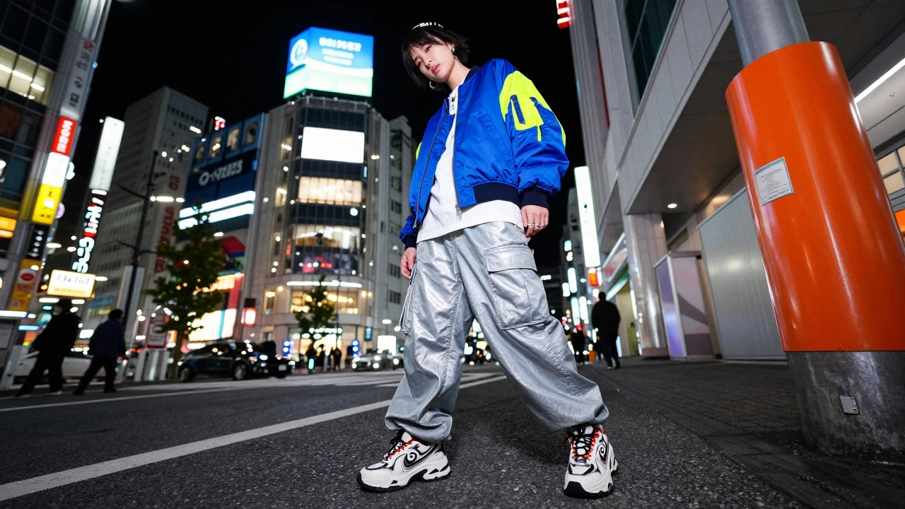 Молодой человек в оверсайз куртке и широких карго-брюках на улицах Токио