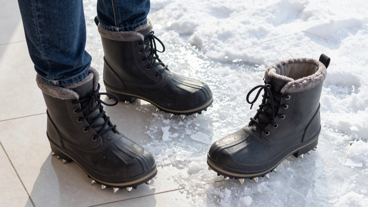 Мужские зимние ботинки с надетыми съемными ледоступами на льду
