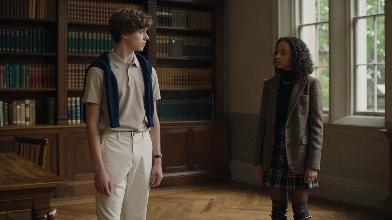 Подростки в стилях Old Money и Dark Academia в библиотеке