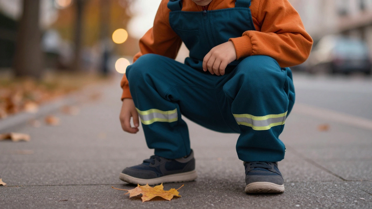 Ребенок в осеннем комбинезоне с отражающими вставками приседает на прогулке