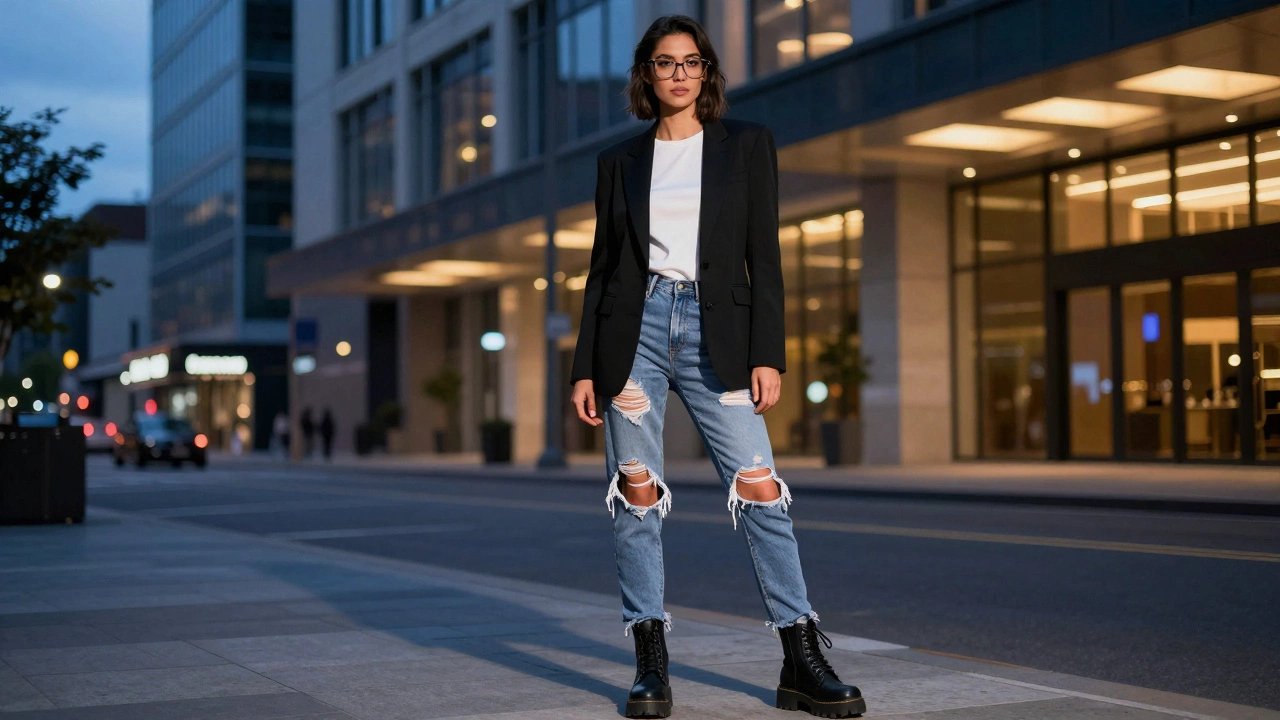 Сочетание строгого жакета, рваных джинсов и массивных ботинок в городском стиле