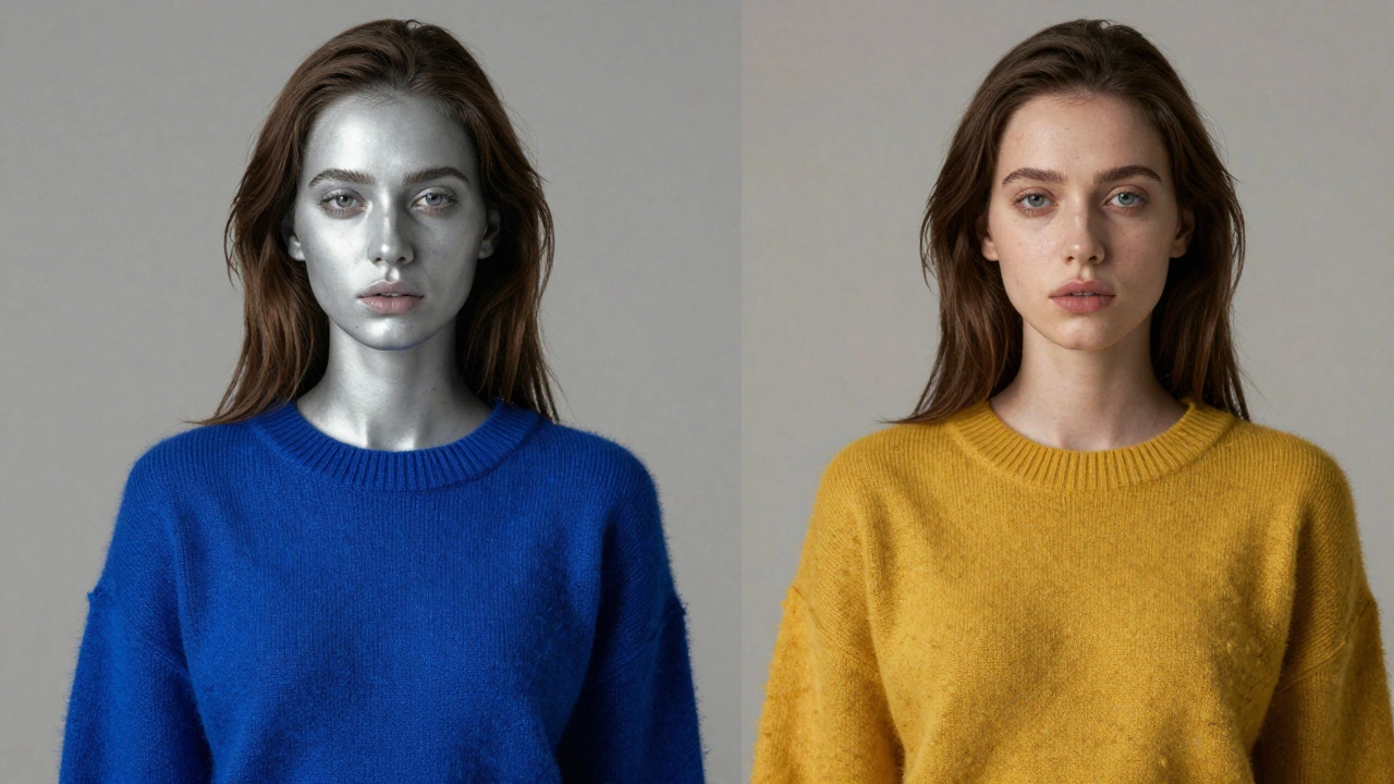 Сравнение эффекта синего и горчичного цветов на лице женщины с холодным подтоном