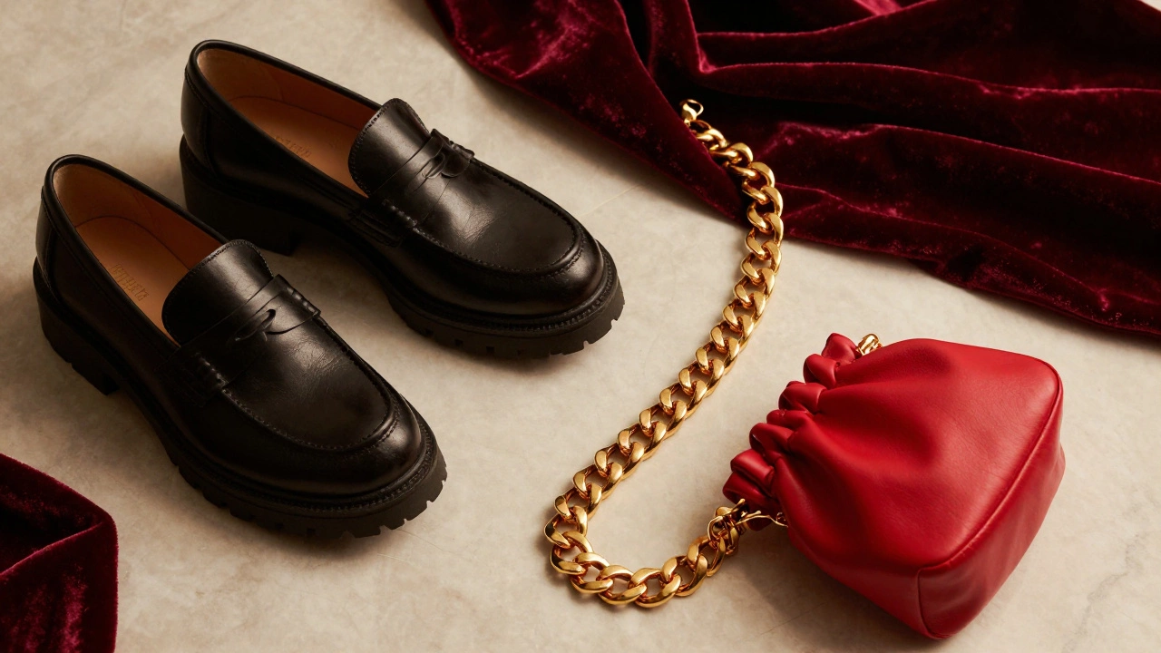 Стильные аксессуары: массивные лоферы, золотая цепь и маленькая красная сумка