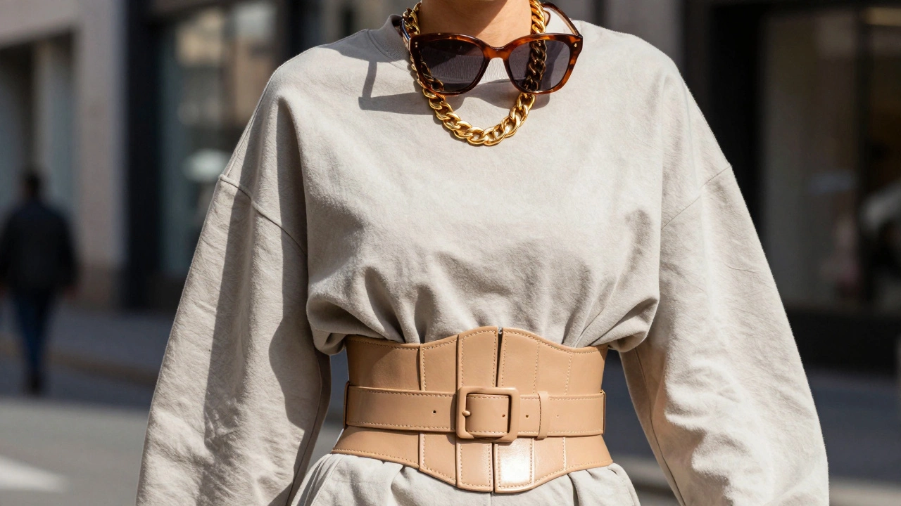 Стильный городской образ с массивной золотой цепью, крупными очками и широким поясом