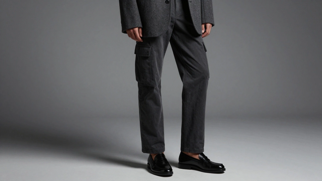 Темно-серые классические карго с кожаными лоферами и структурированным пиджаком