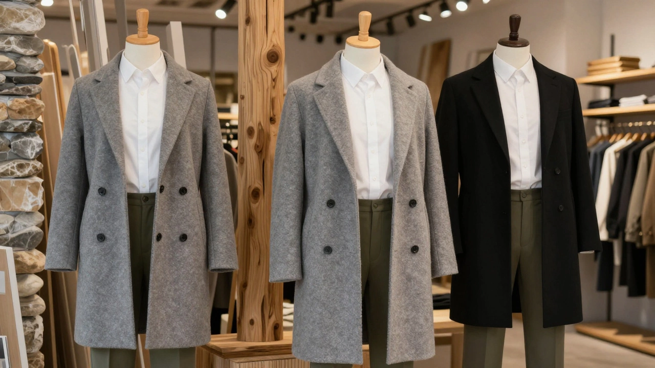 Boutique display of Russian brand clothing including oversized coats and olive trousers, highlighting local production and transparent supply chains.