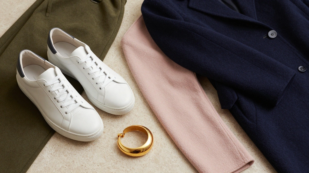 Minimalist leather shoes, statement jewelry, and a navy coat on a stone background, representing durable, sustainable accessories and earthy color palettes.