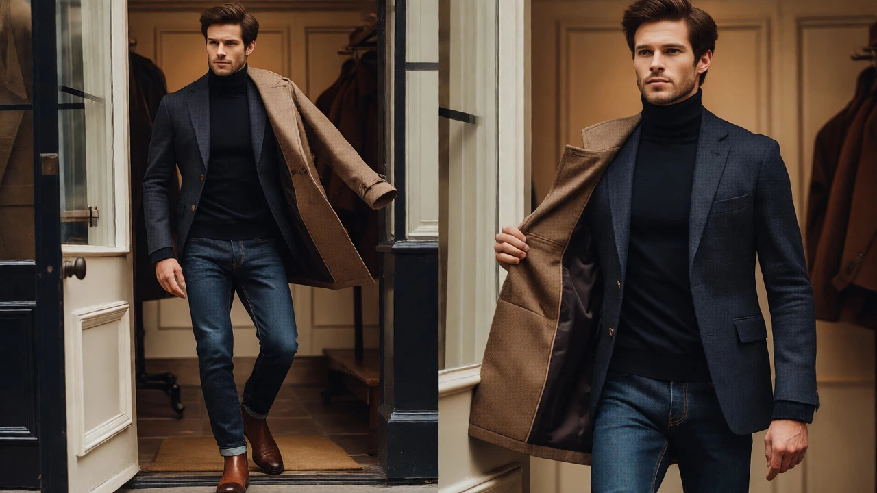 Джентльмен снимает пальто в гардеробе ресторана, демонстрируя стиль smart casual